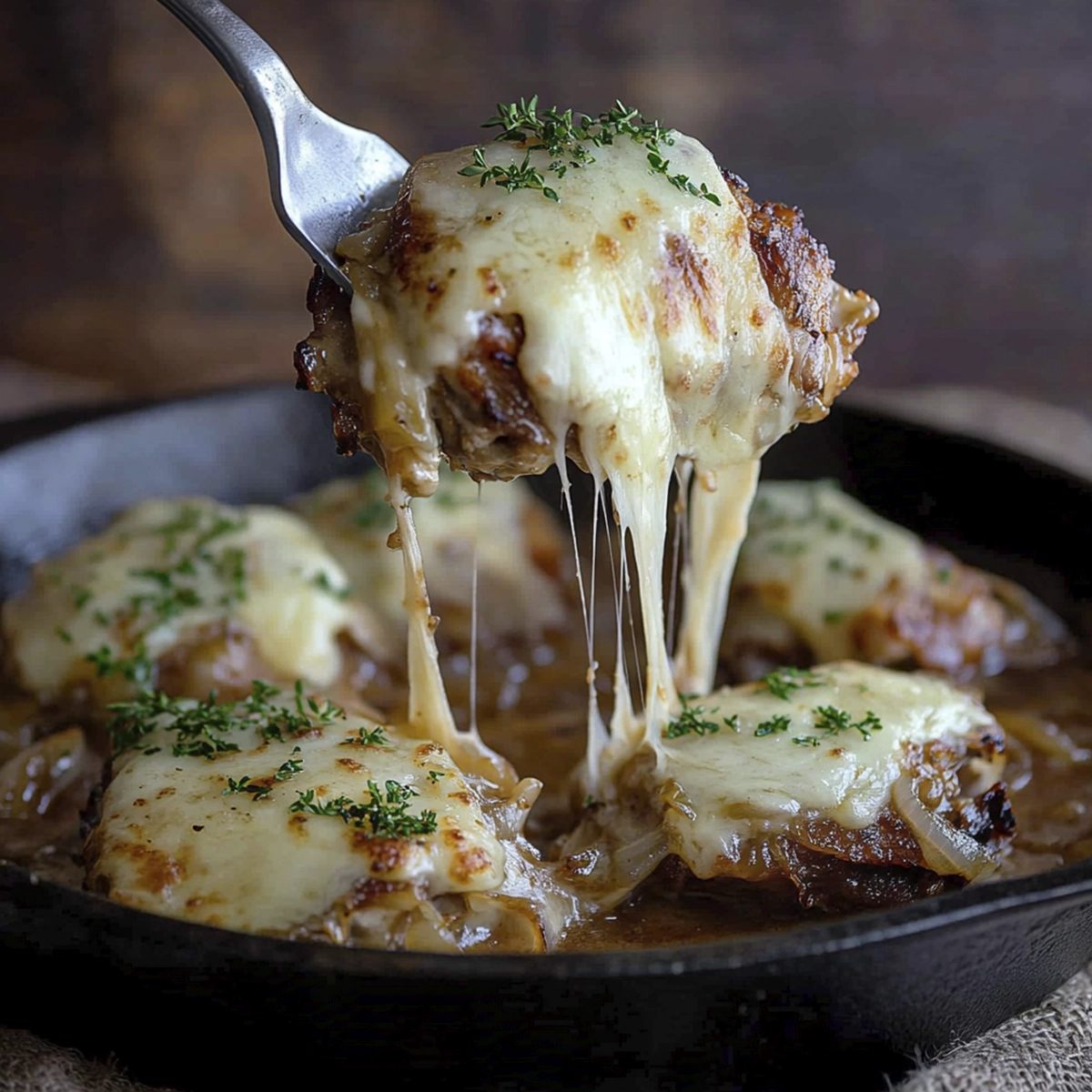French onion chicken skillet with melted Gruyère cheese and caramelized onions