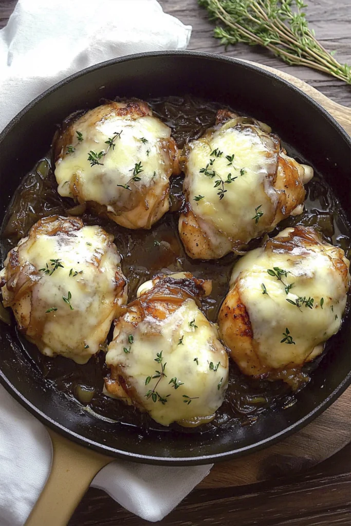 Skillet French onion chicken with melted Gruyère cheese, caramelized onions, and herbs in a cast iron pan.