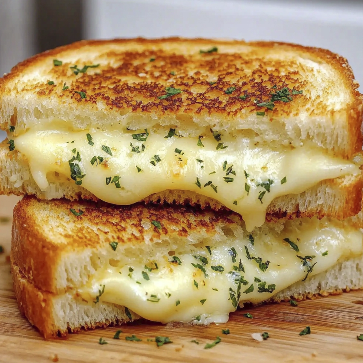 Melted grilled cheese sandwich stacked on a wooden tray with crispy golden crust and herbs.