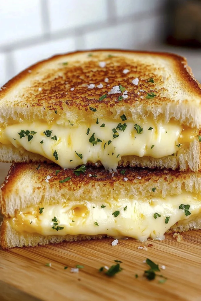 Golden grilled cheese sandwich with melted cheddar and mozzarella, sprinkled with herbs.