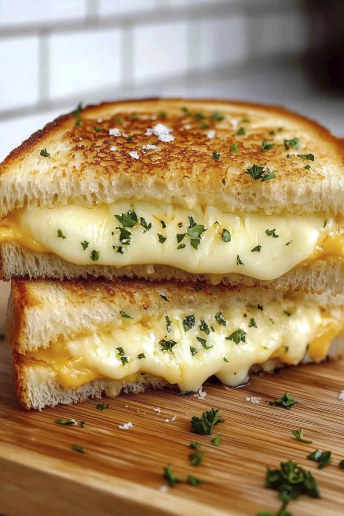 Close-up of gooey grilled cheese sandwich with crispy golden crust and melted cheese