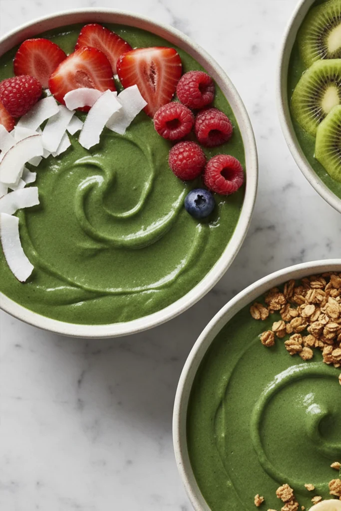 Flat lay photo of four vibrant green and teal smoothie bowls topped with fresh fruit including kiwi, strawberries, blueberries, raspberries, coconut flakes, and granola, arranged on a light grey textured surface with surrounding bowls of scattered berries.