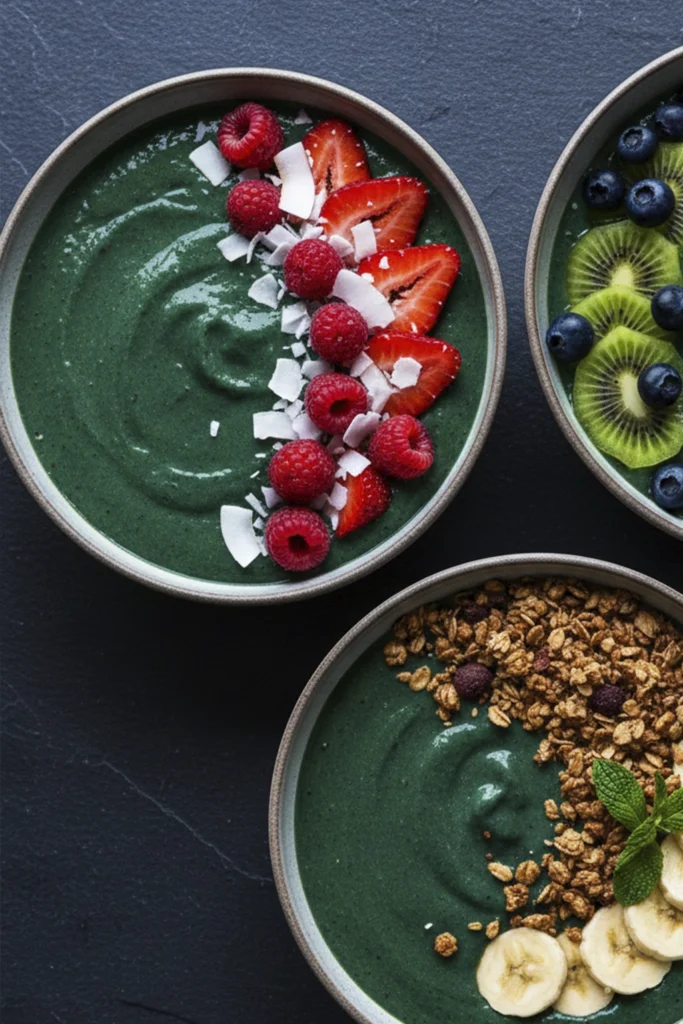 Flat lay photo of four vibrant green and teal smoothie bowls topped with fresh fruit including kiwi, strawberries, blueberries, raspberries, coconut flakes, and granola, arranged on a light grey textured surface with surrounding bowls of scattered berries.