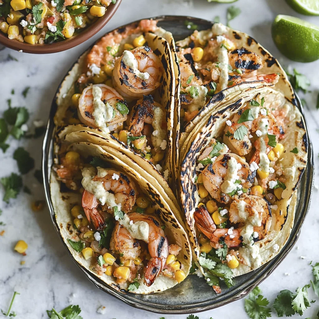 Overhead view of grilled shrimp tacos with corn salsa, chipotle sauce, and cilantro on corn tortillas.
