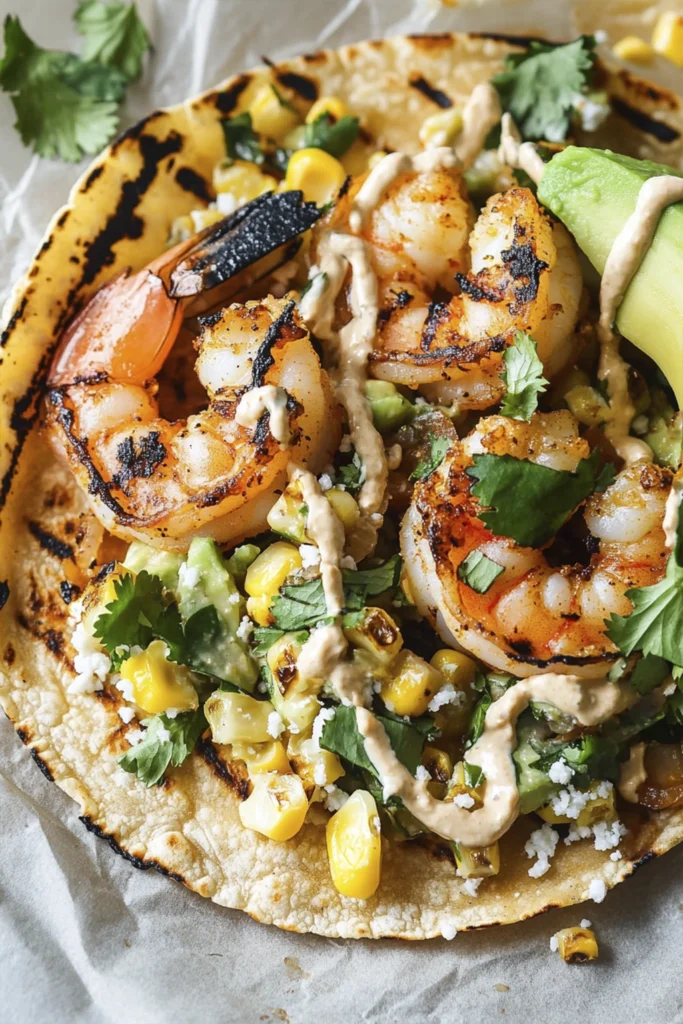 Overhead view of grilled shrimp tacos with corn salsa, chipotle sauce, and cilantro on corn tortillas.