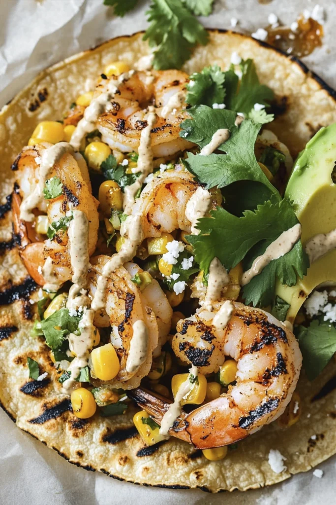 Grilled shrimp taco with elote corn salad, avocado, and chipotle crema on a charred tortilla