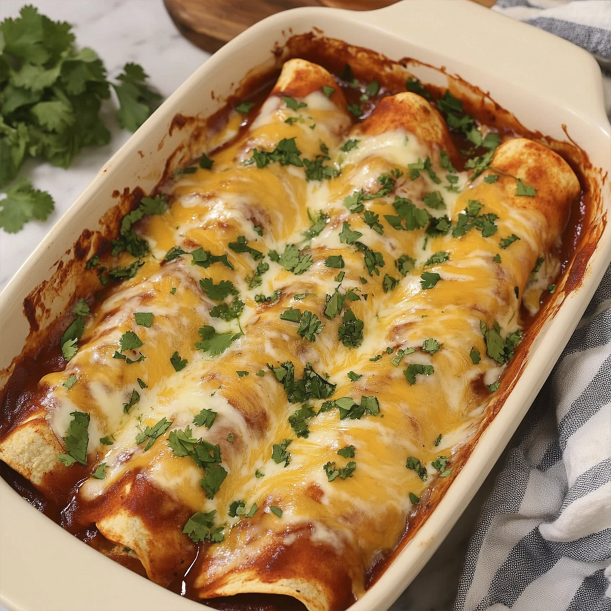 Cheesy chicken enchiladas topped with red sauce and fresh cilantro in a white baking dish.