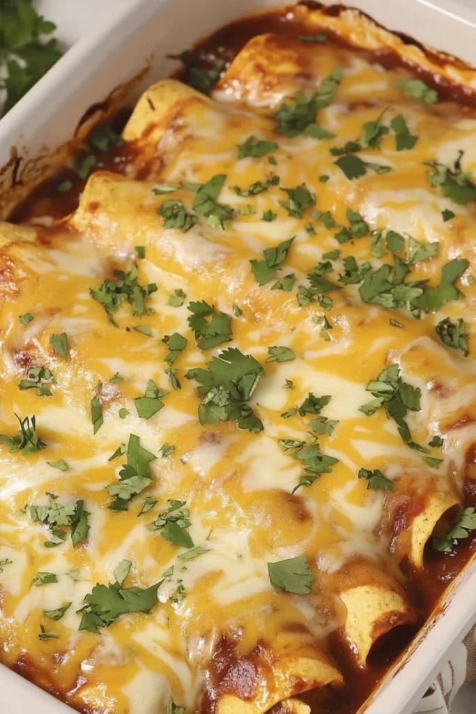 Freshly baked cheesy chicken enchiladas topped with melted cheese and cilantro in a casserole dish.