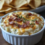 Close-up of loaded baked potato dip topped with bacon, melted cheese, and chives