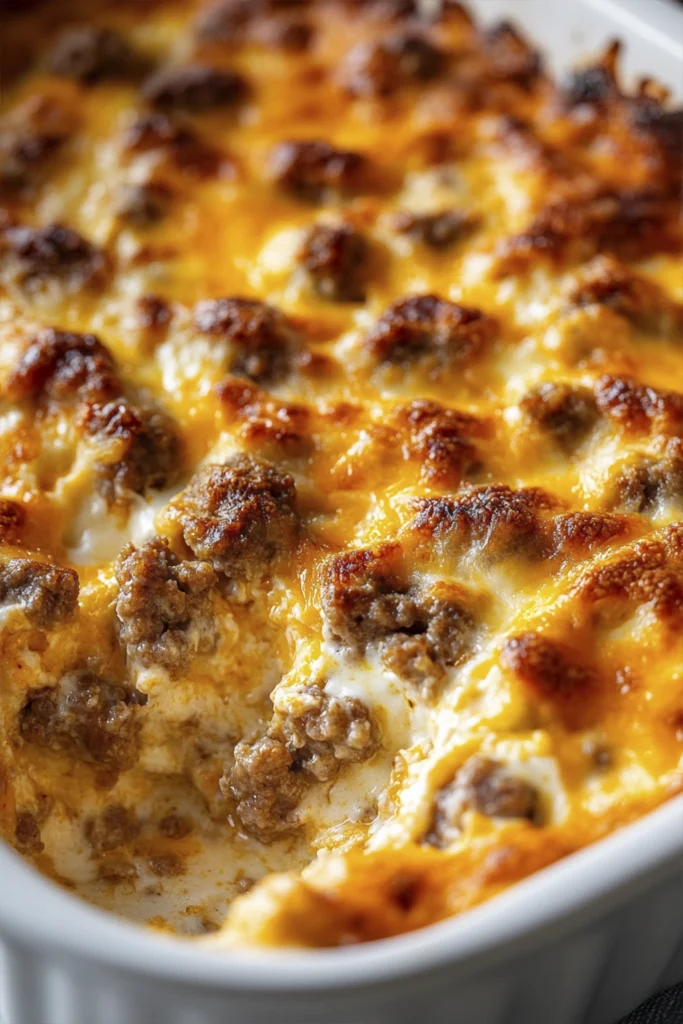 Cheesy sausage breakfast casserole with golden brown crust and bubbly melted cheese on top.