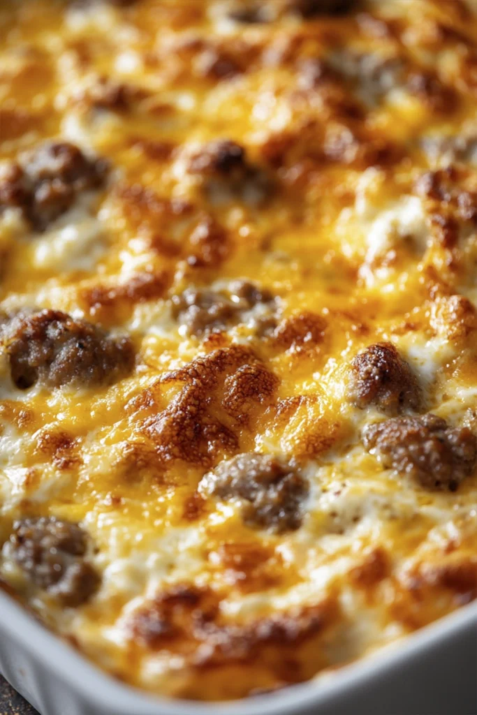 Cheesy sausage breakfast casserole with one portion scooped out, showing creamy eggs and browned sausage.