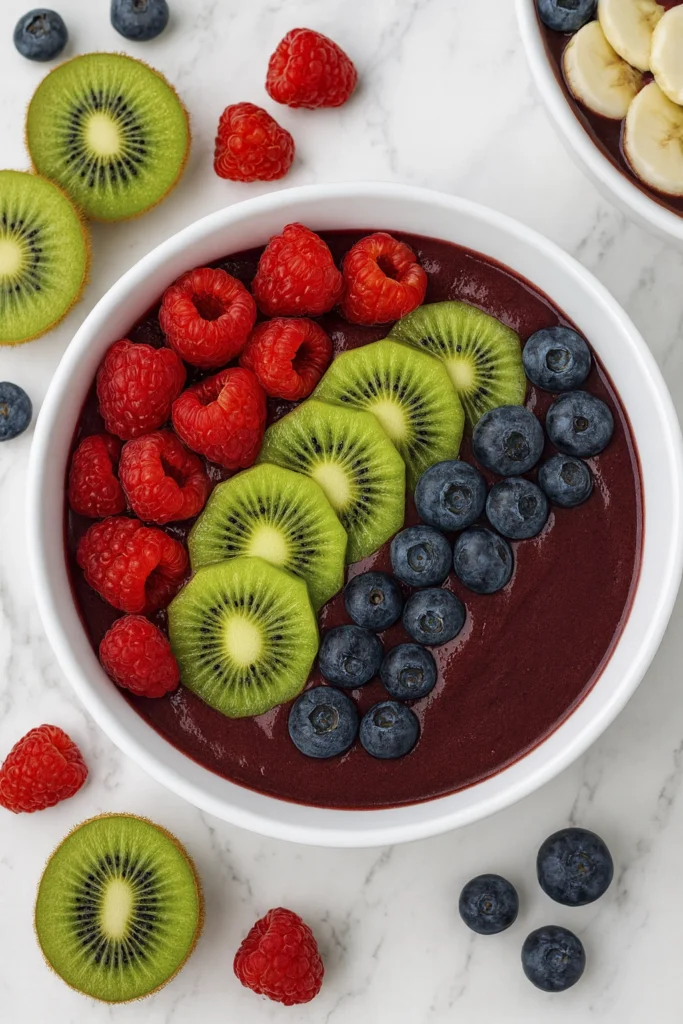 Overhead shot of acai bowl with kiwi, raspberries, and blueberries on white marble surface
