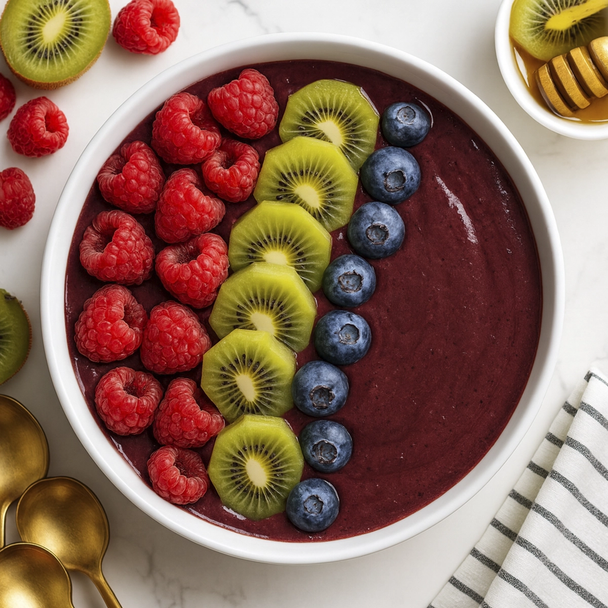 Top-down view of a vibrant acai bowl with fresh berries, kiwi slices, honey, and golden spoons