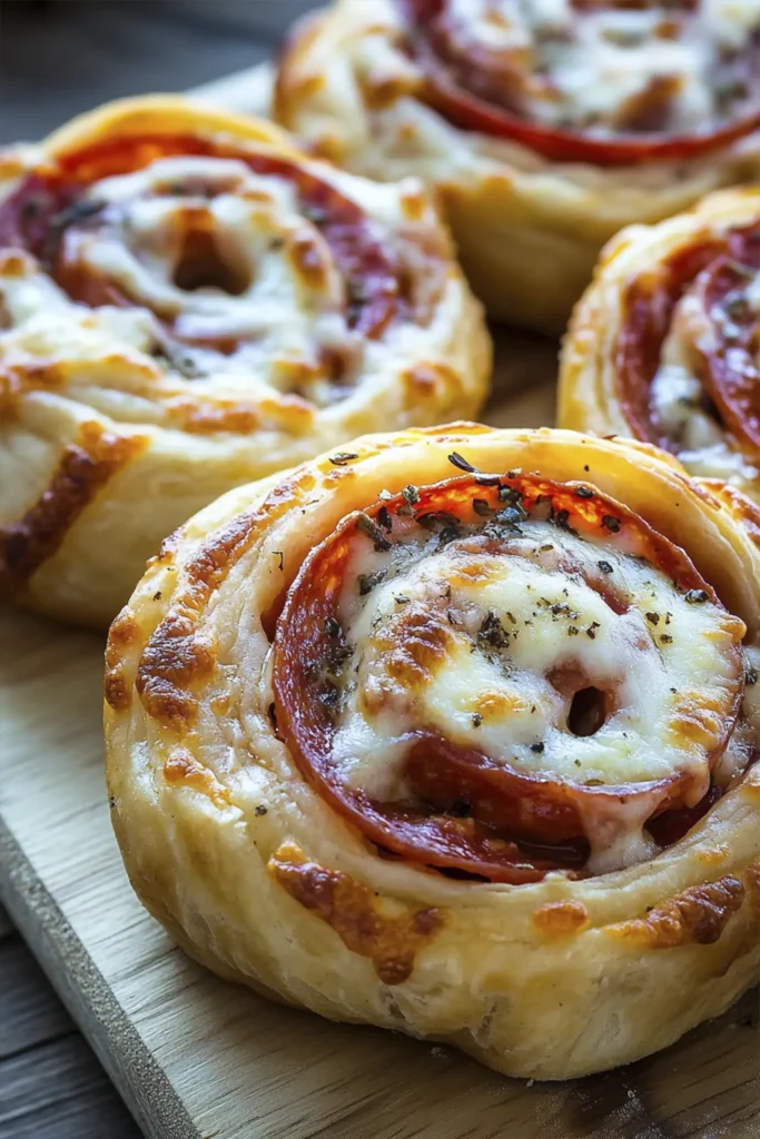 Cheesy pepperoni pizza rolls with melted mozzarella and Italian herbs on a wooden board.