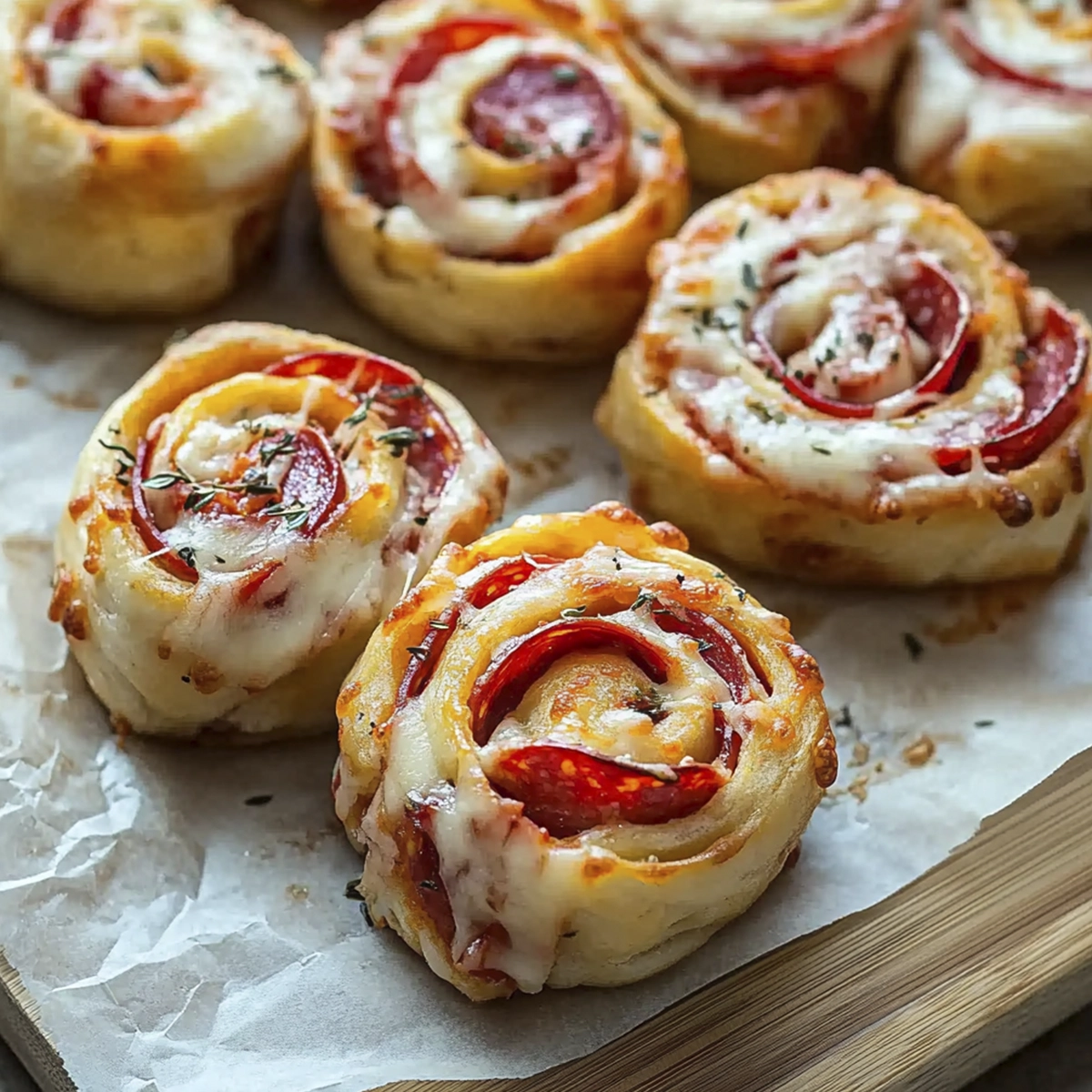 Freshly baked pizza pinwheels with melted cheese and pepperoni on parchment paper.