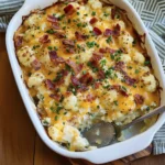 Cheesy cauliflower casserole with bacon and chives baked in a white dish.