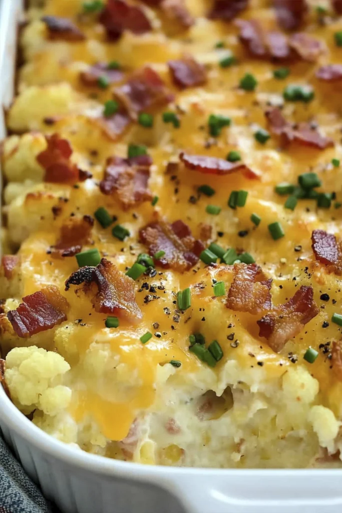 Loaded cauliflower casserole topped with cheddar cheese, bacon, and chives in a white baking dish.