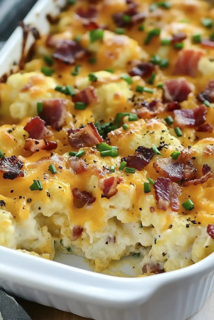 Loaded cauliflower casserole topped with cheddar cheese, bacon, and chives in a white baking dish.