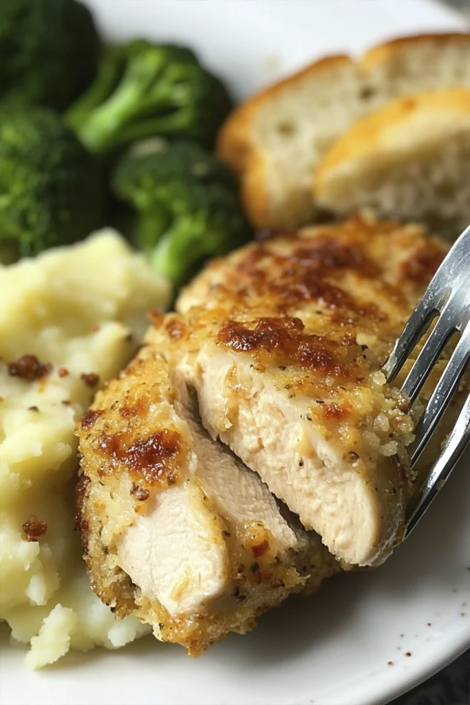 Parmesan crusted chicken breast with mashed potatoes, steamed broccoli, and cheesy garlic toast on a white dinner plate