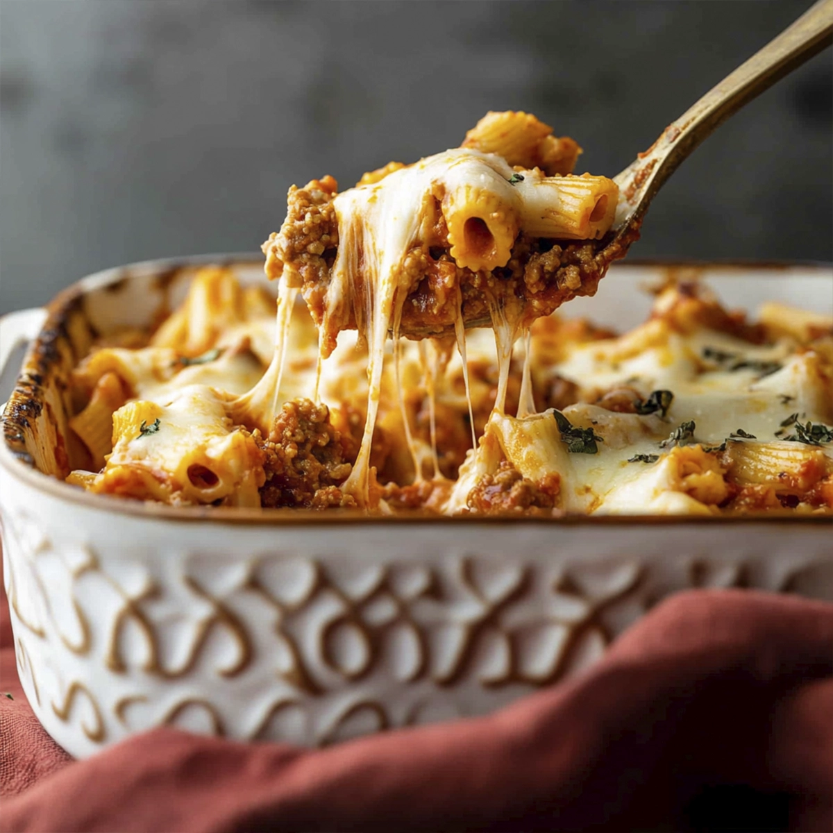 Cheesy baked ziti with meat sauce being scooped from a ceramic dish