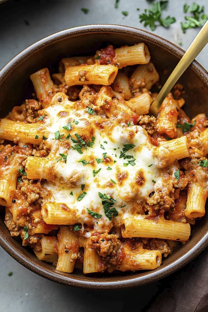 Cheesy baked ziti pasta with tomato meat sauce and parsley in a white casserole dish
