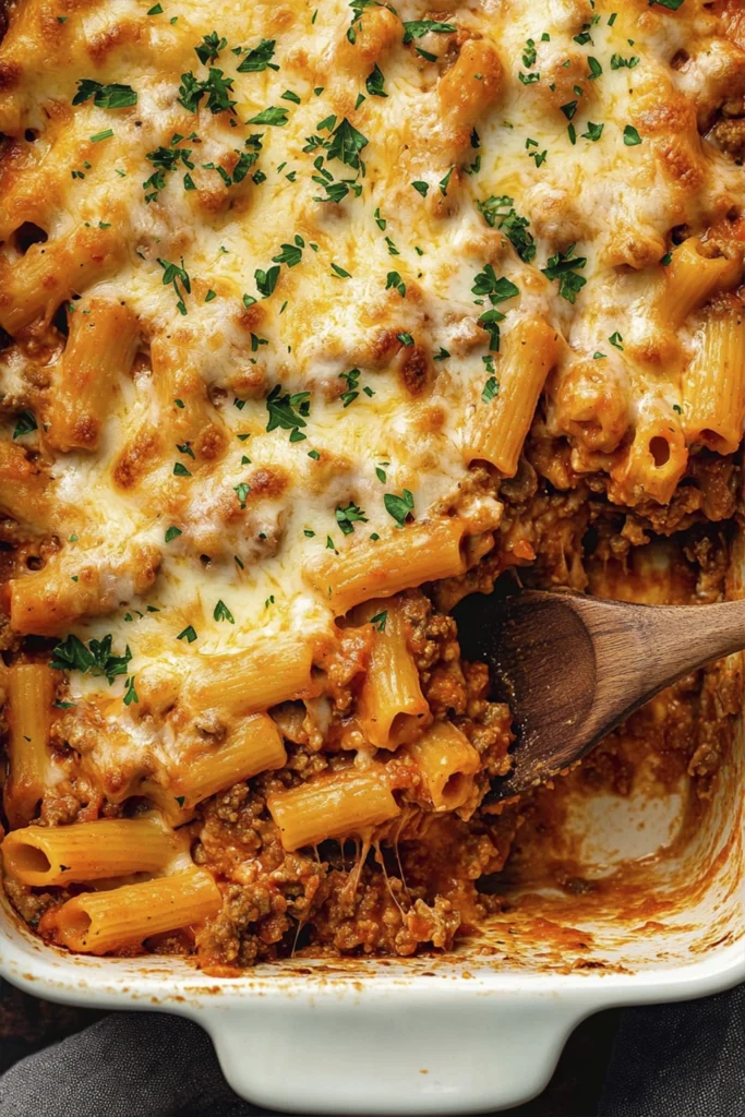 Cheesy baked ziti pasta served in a rustic brown bowl with meat sauce and fresh parsley