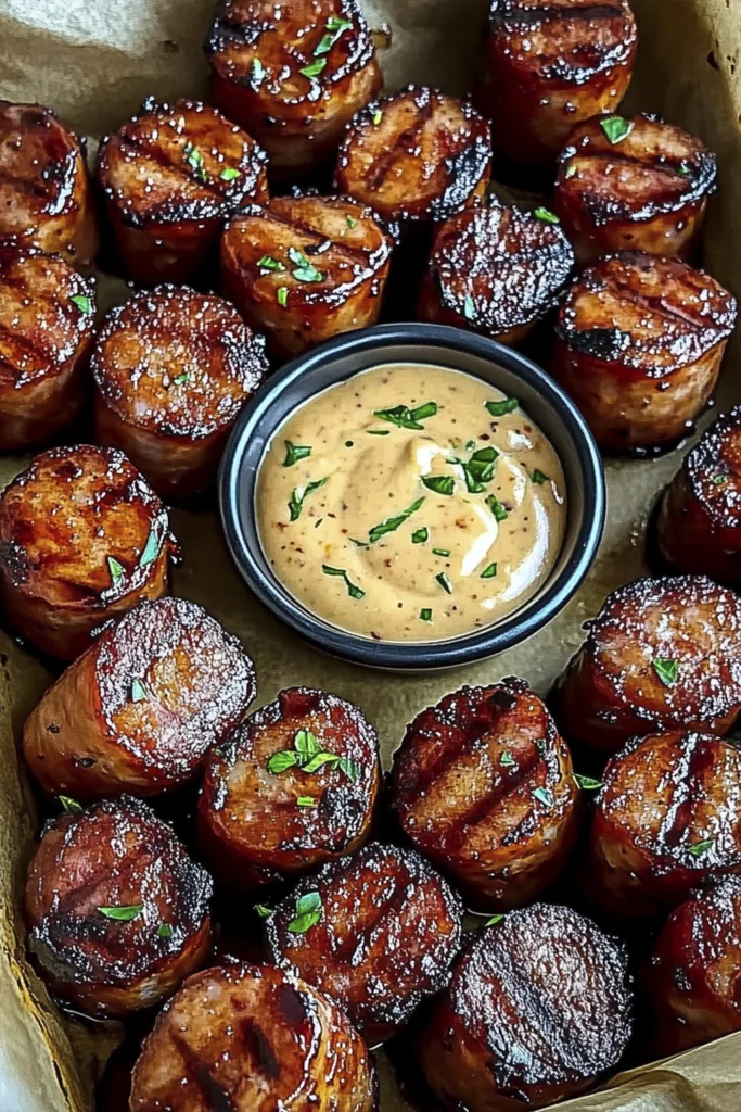 Glazed sausage bites roasted in a baking tray with caramelized edges and a creamy dipping sauce.