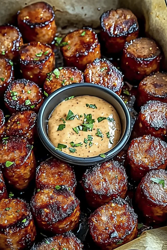 Glazed sausage bites roasted in a baking tray with caramelized edges and a creamy dipping sauce.