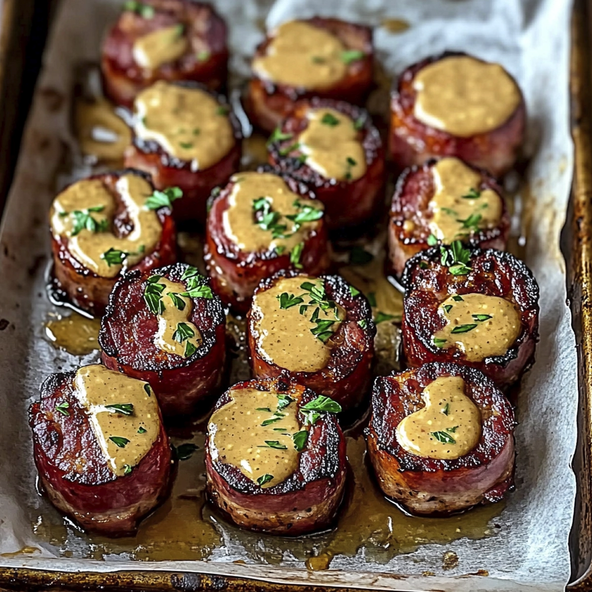Bacon-wrapped sausage bites drizzled with honey mustard glaze on a parchment-lined baking sheet.
