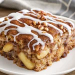 Slice of cinnamon apple breakfast casserole with glaze and chopped pecans on a white plate.