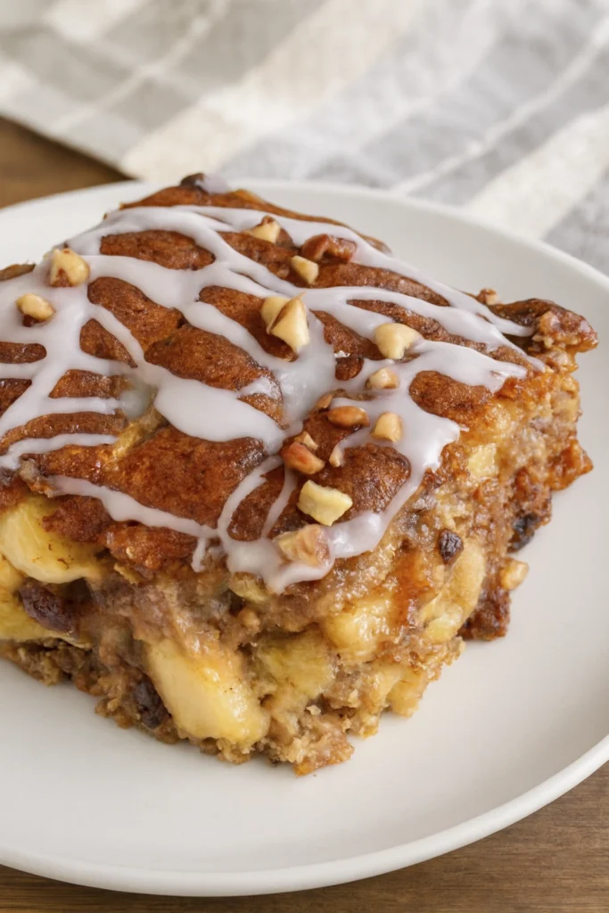 Cinnamon apple breakfast bake topped with icing and chopped pecans on a white plate