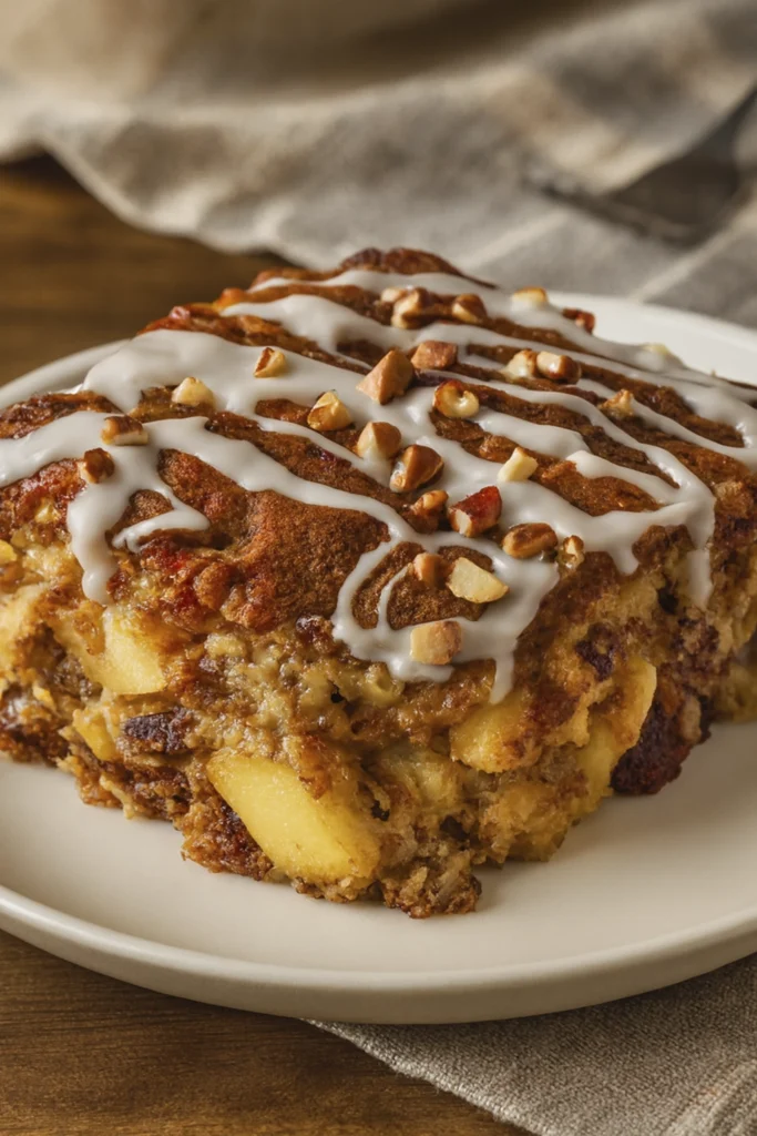Cinnamon apple breakfast bake topped with icing and chopped pecans on a white plate