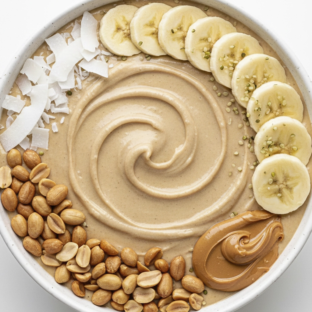 Top-down view of a banana peanut butter smoothie bowl with coconut, hemp seeds, and roasted peanuts