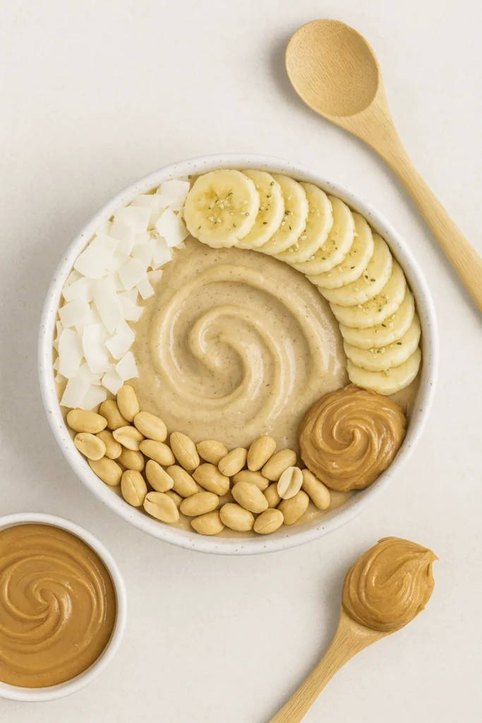 Elevate your breakfast game with this creamy banana peanut butter smoothie bowl, beautifully garnished with sliced bananas, shredded coconut, roasted peanuts, and hemp seeds. Ideal for health-conscious food lovers and Pinterest-worthy content creators.