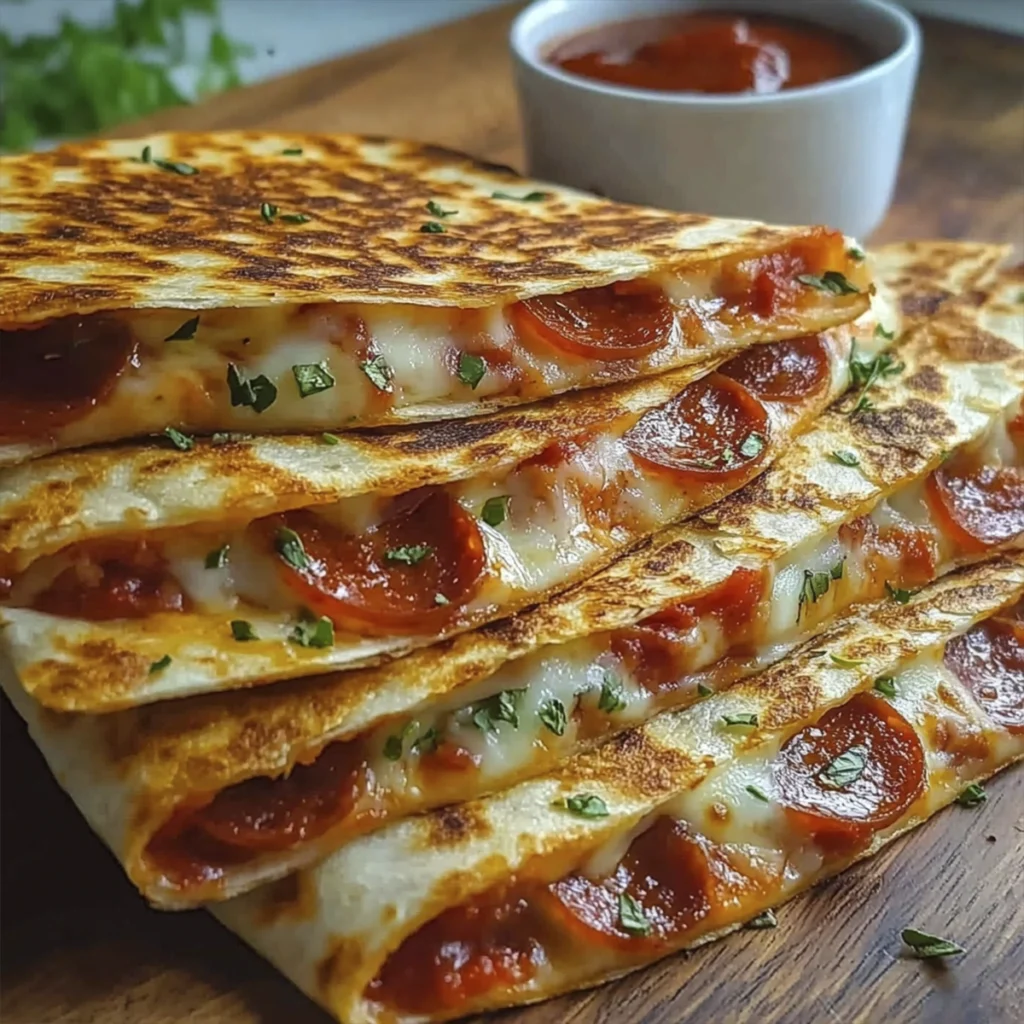 Stacked pepperoni pizza quesadillas with melted cheese and marinara dip on a wooden board