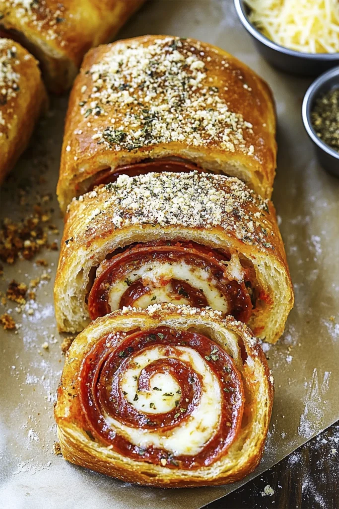Pepperoni pizza bread rolls sliced to show melted cheese and Italian herbs