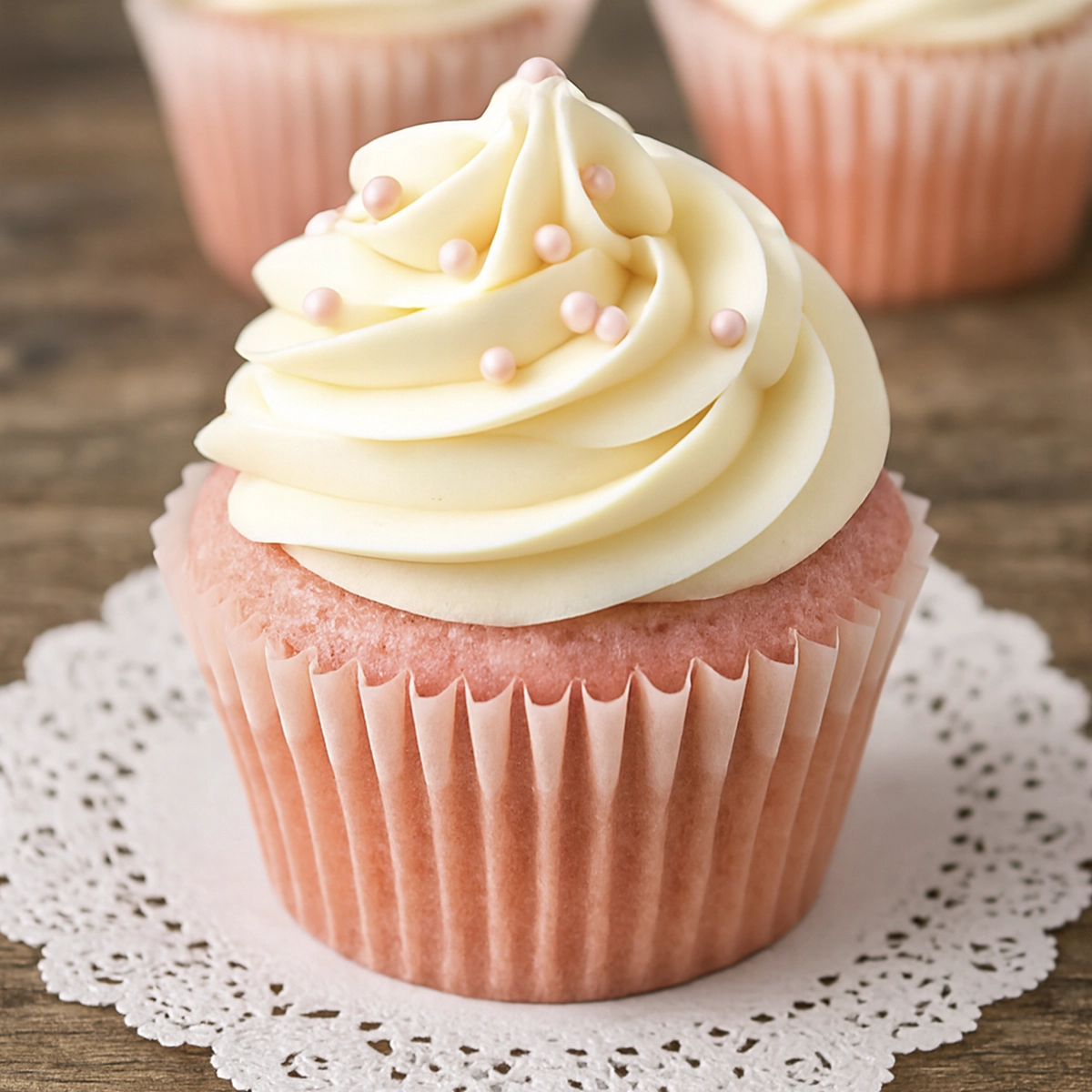 Strawberry cupcake with vanilla frosting and pink sprinkles on rustic table.