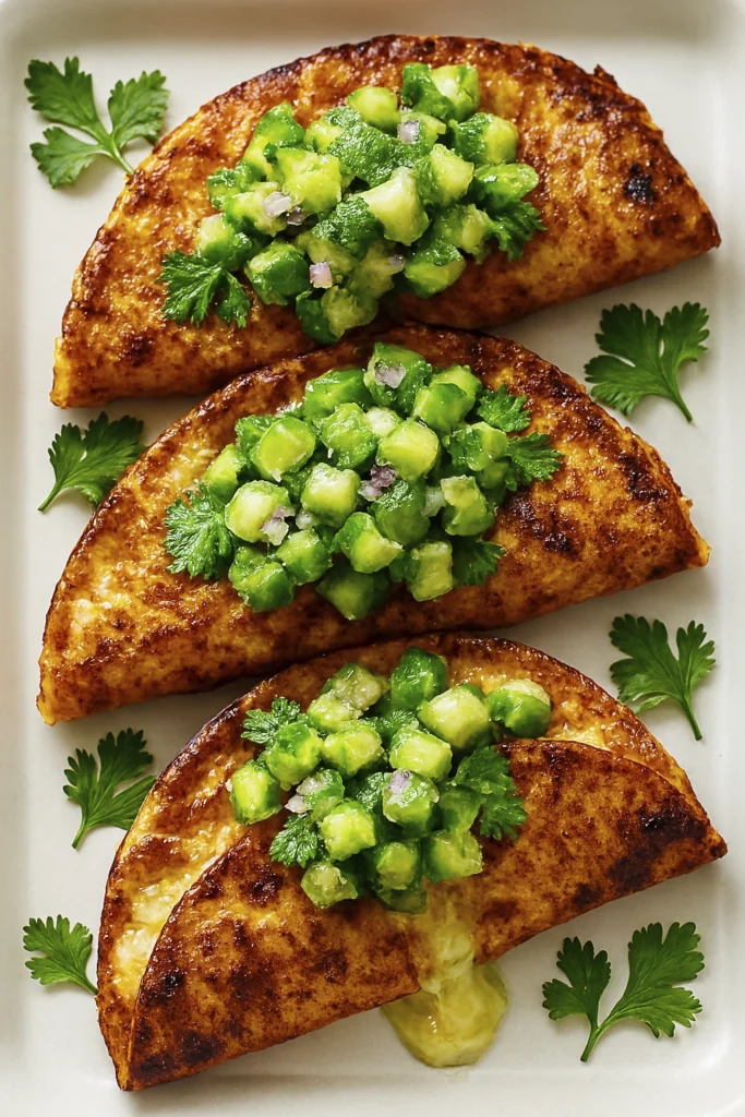 Crispy cheese tacos topped with avocado cucumber salsa on a white platter.