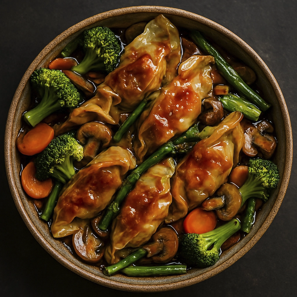 Asian stir-fry with soy-glazed dumplings, broccoli, carrots, mushrooms, and asparagus in a ceramic bowl