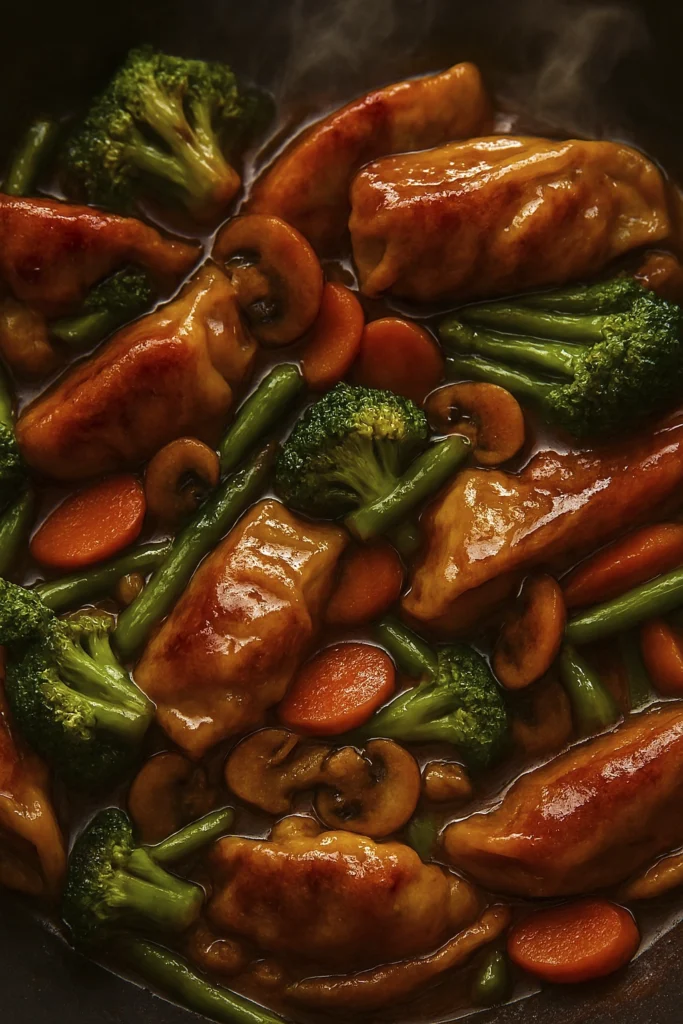 Close-up of golden pan-fried dumplings with stir-fried vegetables in glossy soy sauce
