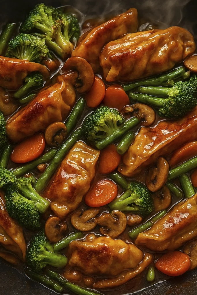Close-up of golden pan-fried dumplings with stir-fried vegetables in glossy soy sauce