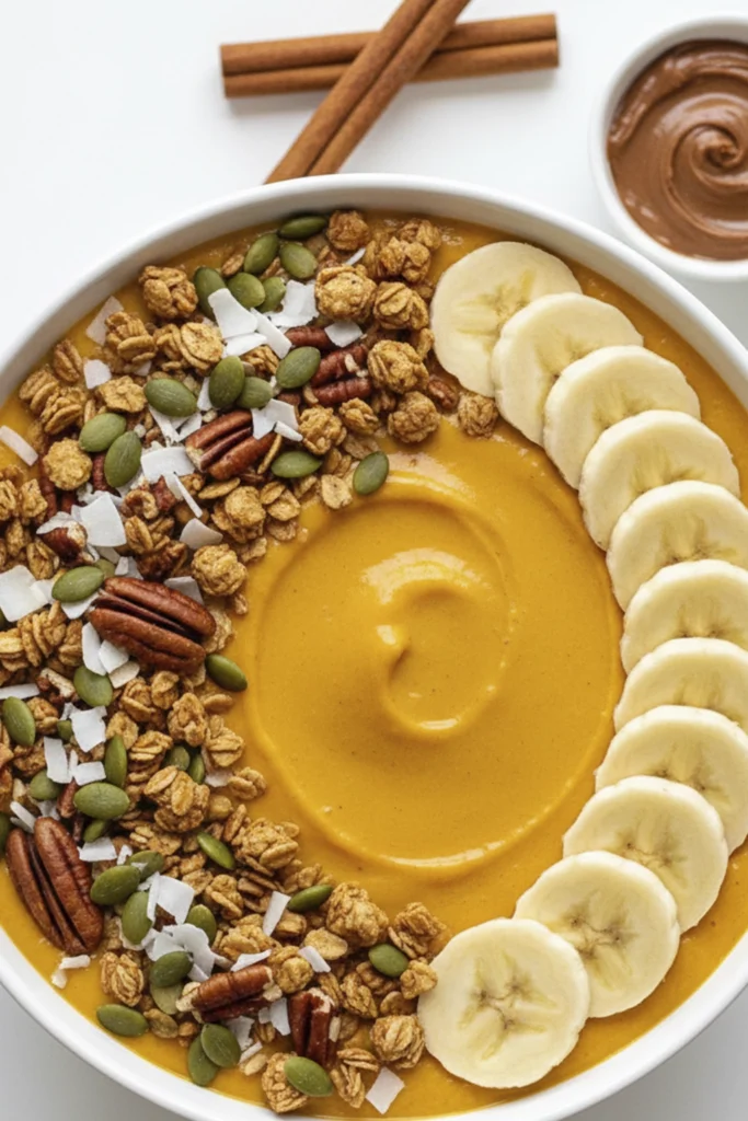 Overhead photo of a pumpkin spice smoothie bowl with granola, pecans, pumpkin seeds, coconut, and sliced bananas on a white background.