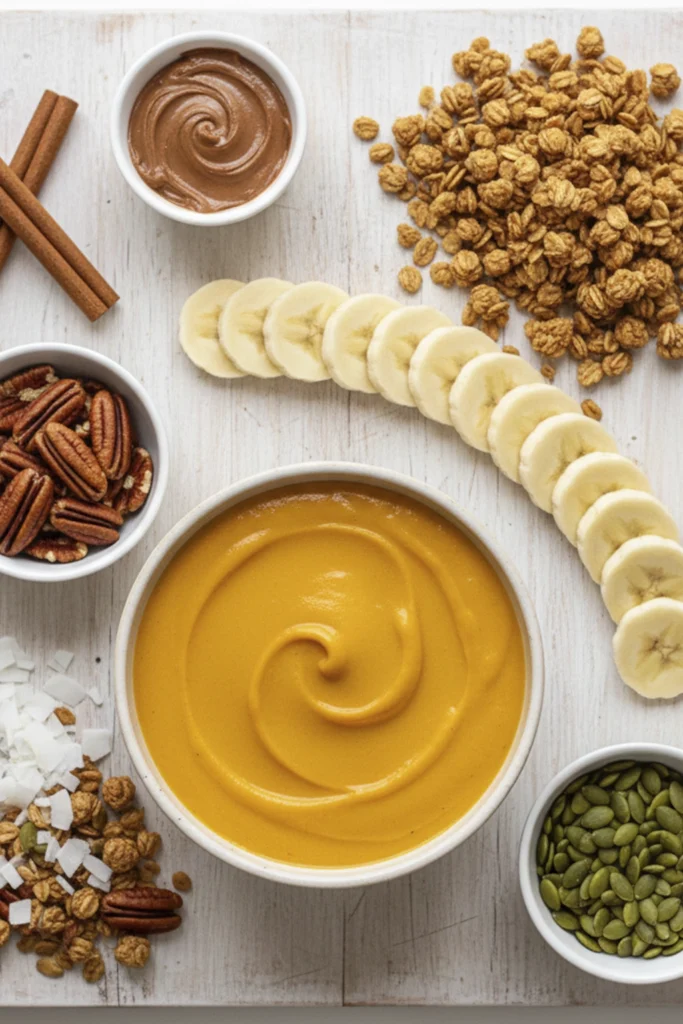 Overhead, bright flat lay photo of a pumpkin spice smoothie bowl in a white bowl, topped with granola, banana slices, and pumpkin seeds, surrounded by small dishes of toppings and cinnamon sticks.