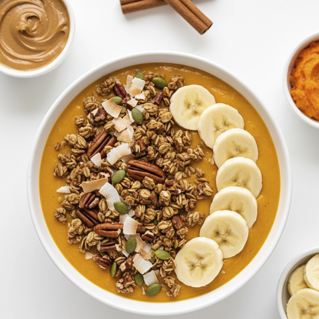 Overhead, bright flat lay photo of a pumpkin spice smoothie bowl in a white bowl, topped with granola, banana slices, and pumpkin seeds, surrounded by small dishes of toppings and cinnamon sticks.