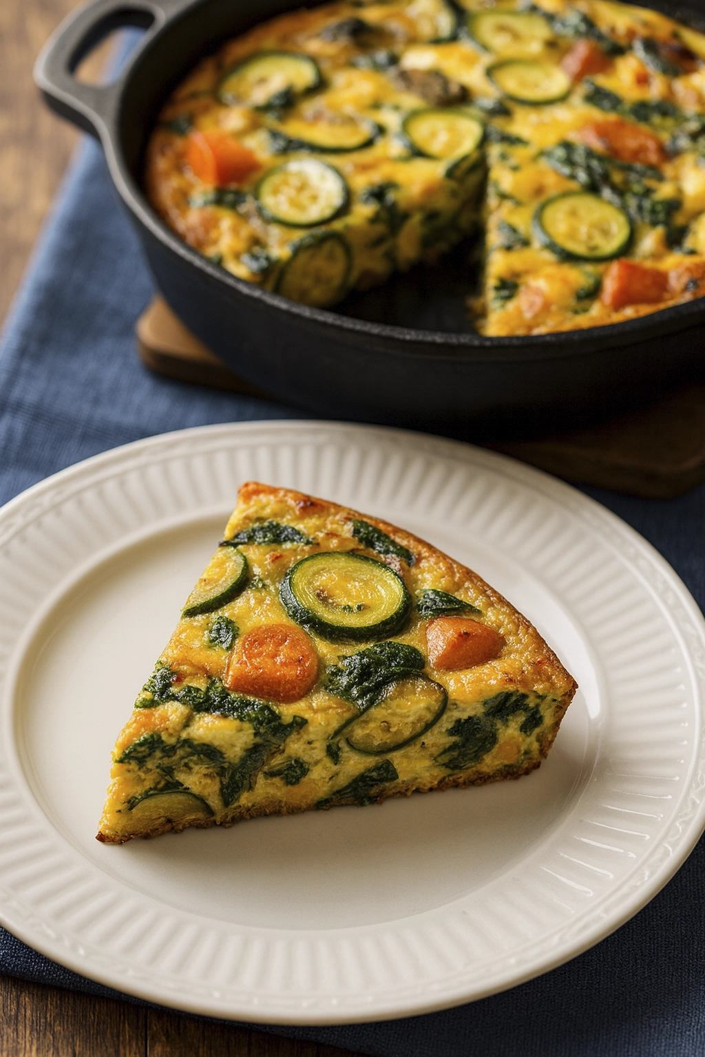 Fresh vegetable frittata with zucchini, spinach, mushrooms, and potatoes in cast iron skillet