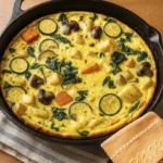 Golden vegetable frittata slice with spinach, zucchini, and carrots on white plate beside skillet