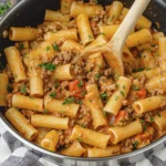 Creamy rigatoni pasta with ground beef and tomatoes in a white bowl with parsley garnish
