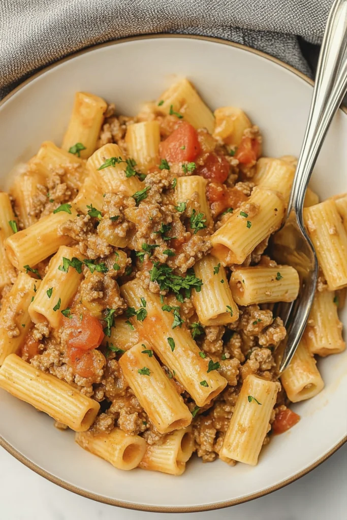 Creamy rigatoni pasta with ground beef and tomatoes in a white bowl with parsley garnish