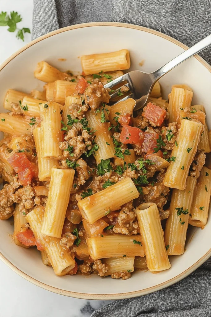 Creamy rigatoni pasta with ground beef and tomato sauce in a skillet