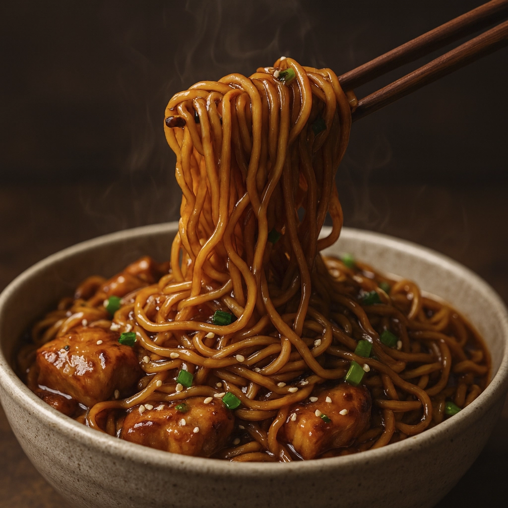 Steaming stir-fried chicken noodles lifted by chopsticks, garnished with sesame seeds and green onions